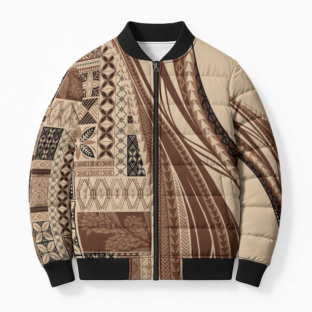 Pasifika Women's Day - Samoa Siapo Malu Tattoo Inspired Bomber Puffer Jacket Beige LT7 Unisex Beige - Polynesian Pride