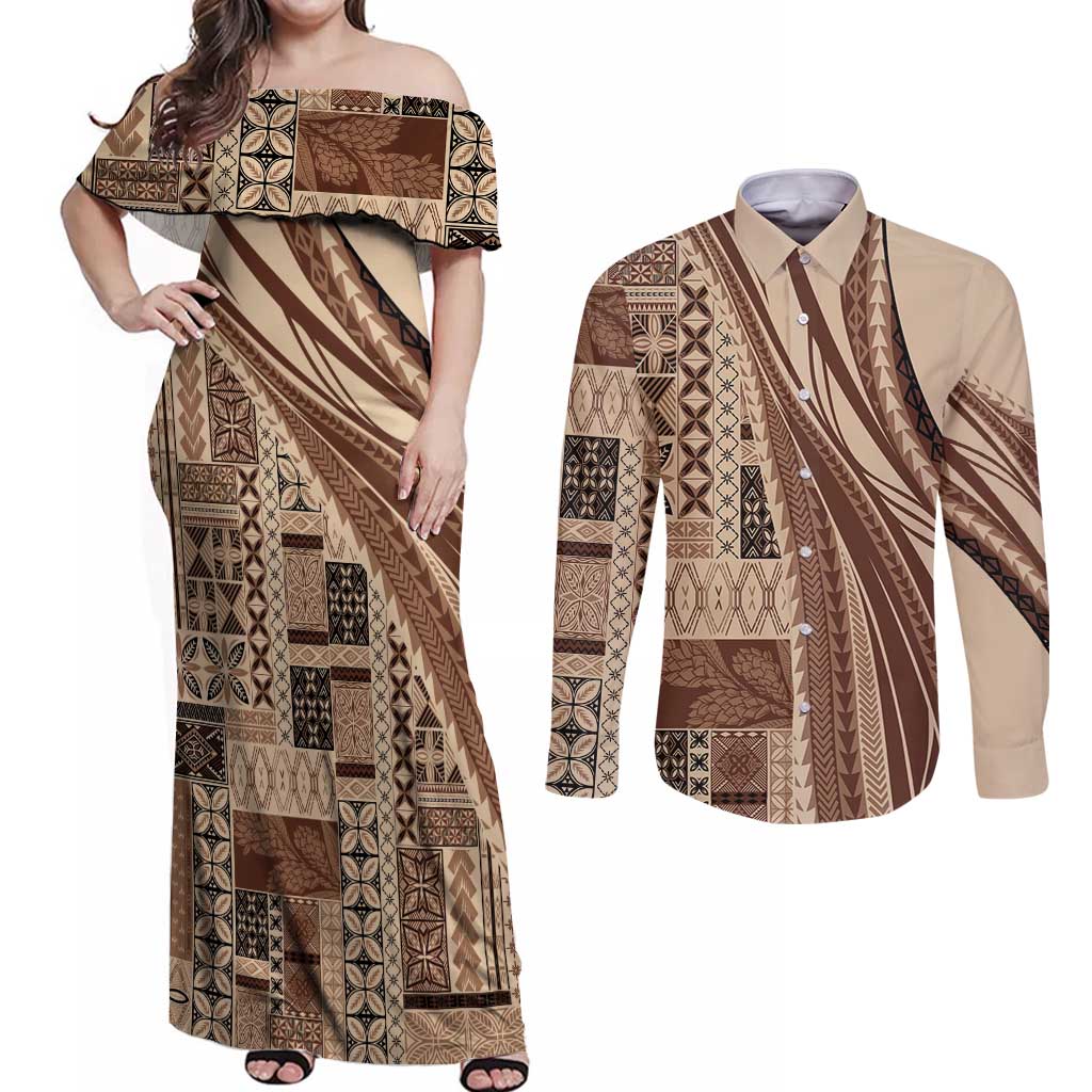 Pasifika Women's Day - Samoa Siapo Malu Tattoo Inspired Couples Matching Off Shoulder Maxi Dress and Long Sleeve Button Shirt Beige LT7 Beige - Polynesian Pride