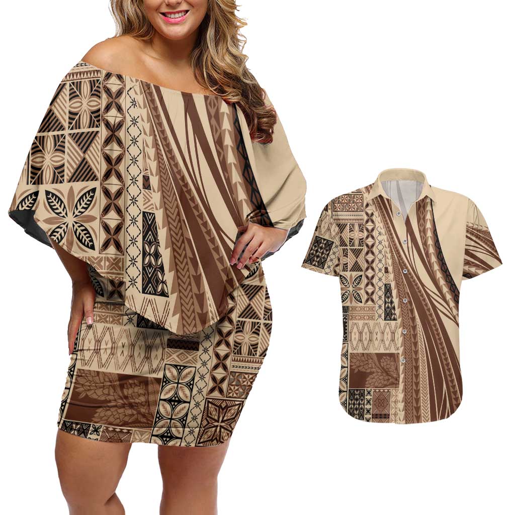 Pasifika Women's Day - Samoa Siapo Malu Tattoo Inspired Couples Matching Off Shoulder Short Dress and Hawaiian Shirt Beige