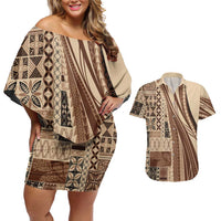 Pasifika Women's Day - Samoa Siapo Malu Tattoo Inspired Couples Matching Off Shoulder Short Dress and Hawaiian Shirt Beige