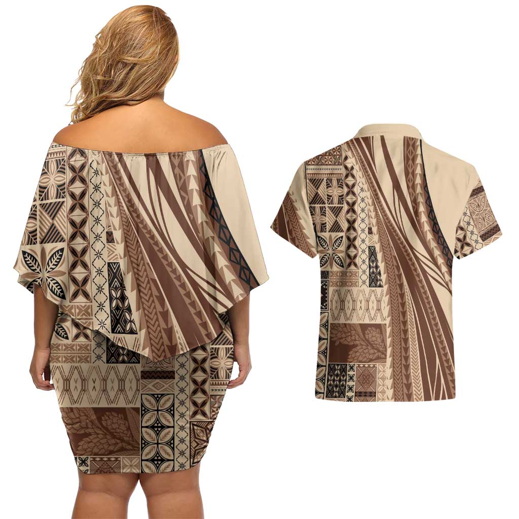 Pasifika Women's Day - Samoa Siapo Malu Tattoo Inspired Couples Matching Off Shoulder Short Dress and Hawaiian Shirt Beige