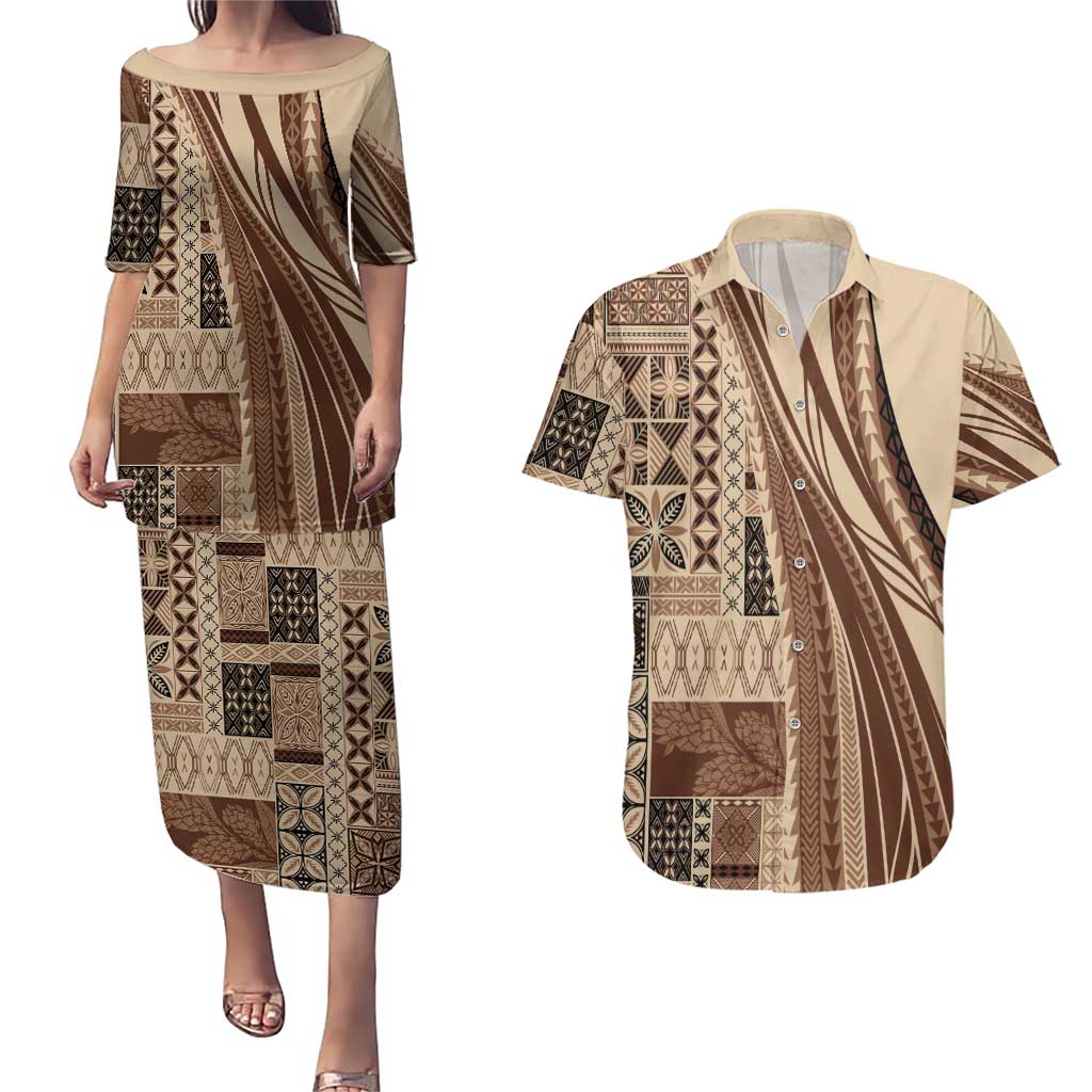 Pasifika Women's Day - Samoa Siapo Malu Tattoo Inspired Couples Matching Puletasi and Hawaiian Shirt Beige LT7 Beige - Polynesian Pride