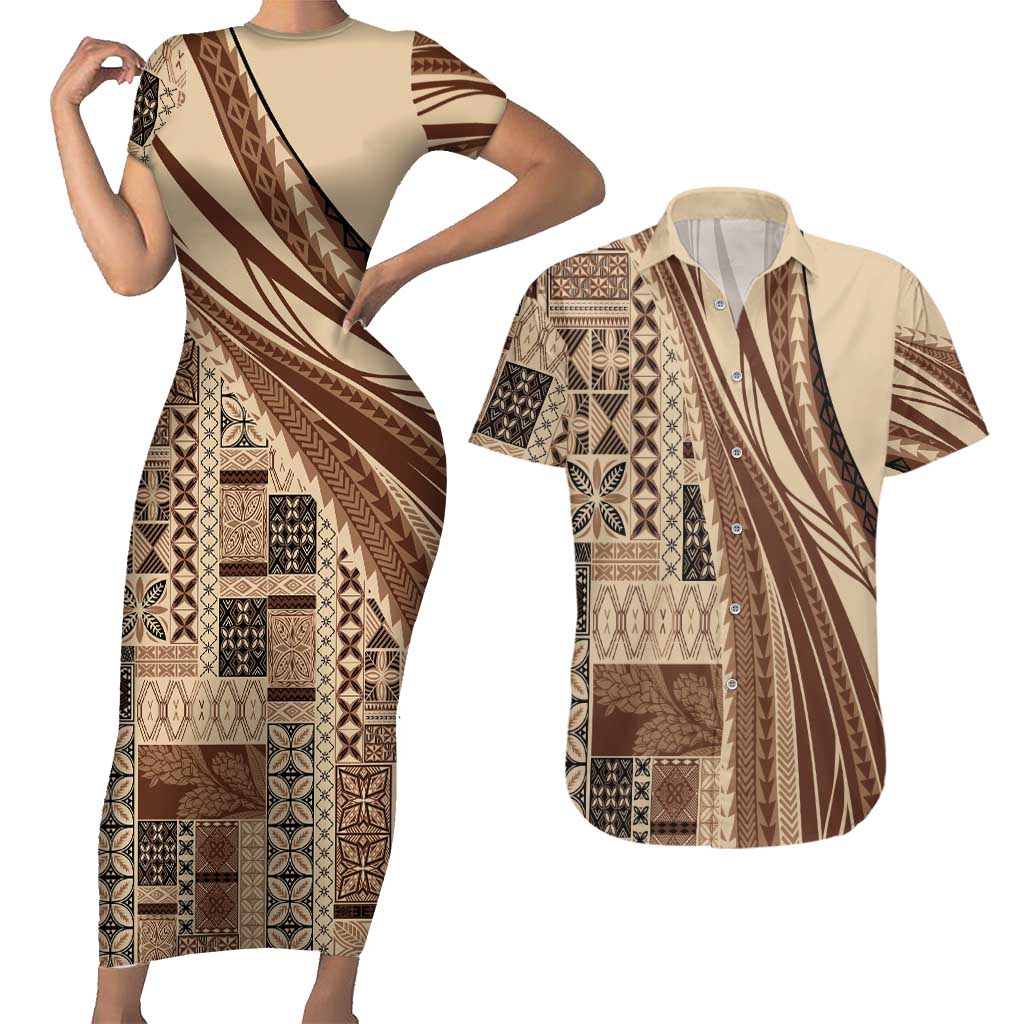 Pasifika Women's Day - Samoa Siapo Malu Tattoo Inspired Couples Matching Short Sleeve Bodycon Dress and Hawaiian Shirt Beige LT7 Beige - Polynesian Pride