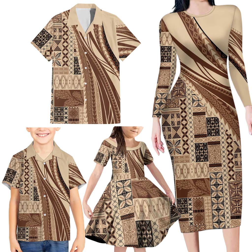 Pasifika Women's Day - Samoa Siapo Malu Tattoo Inspired Family Matching Long Sleeve Bodycon Dress and Hawaiian Shirt Beige LT7 - Polynesian Pride
