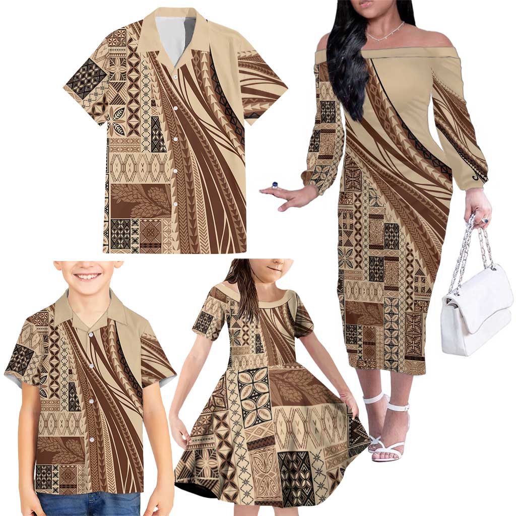 Pasifika Women's Day - Samoa Siapo Malu Tattoo Inspired Family Matching Off The Shoulder Long Sleeve Dress and Hawaiian Shirt Beige LT7 - Polynesian Pride