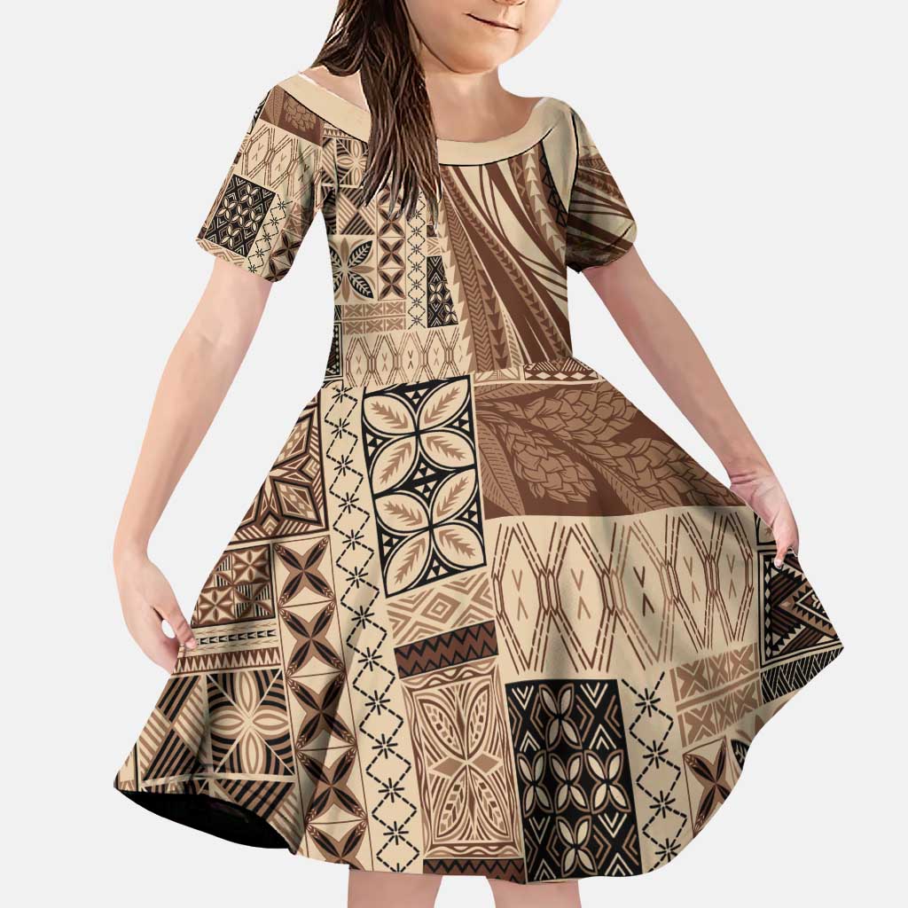 Pasifika Women's Day - Samoa Siapo Malu Tattoo Inspired Family Matching Off Shoulder Short Dress and Hawaiian Shirt Beige