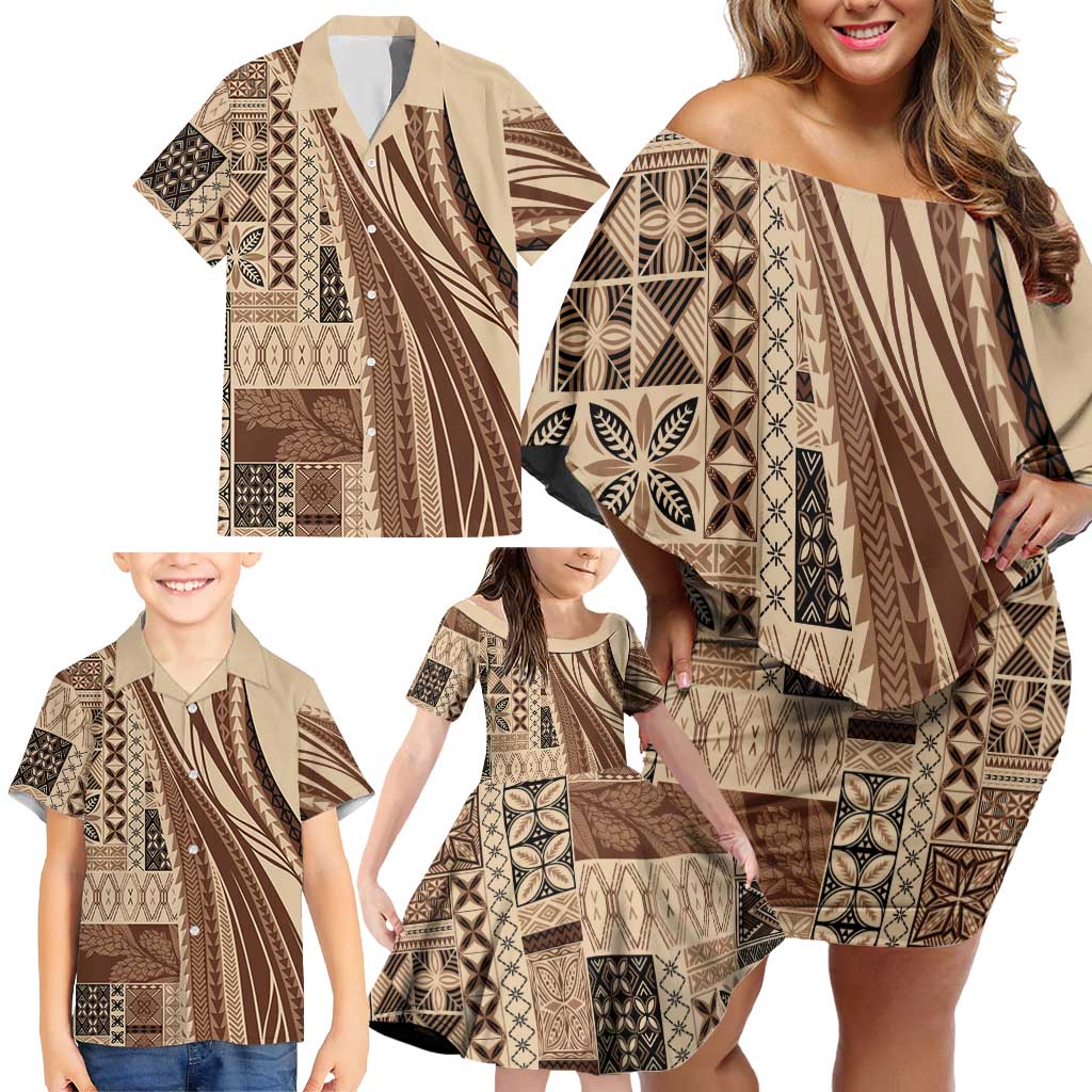 Pasifika Women's Day - Samoa Siapo Malu Tattoo Inspired Family Matching Off Shoulder Short Dress and Hawaiian Shirt Beige