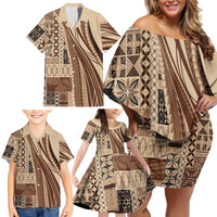 Pasifika Women's Day - Samoa Siapo Malu Tattoo Inspired Family Matching Off Shoulder Short Dress and Hawaiian Shirt Beige
