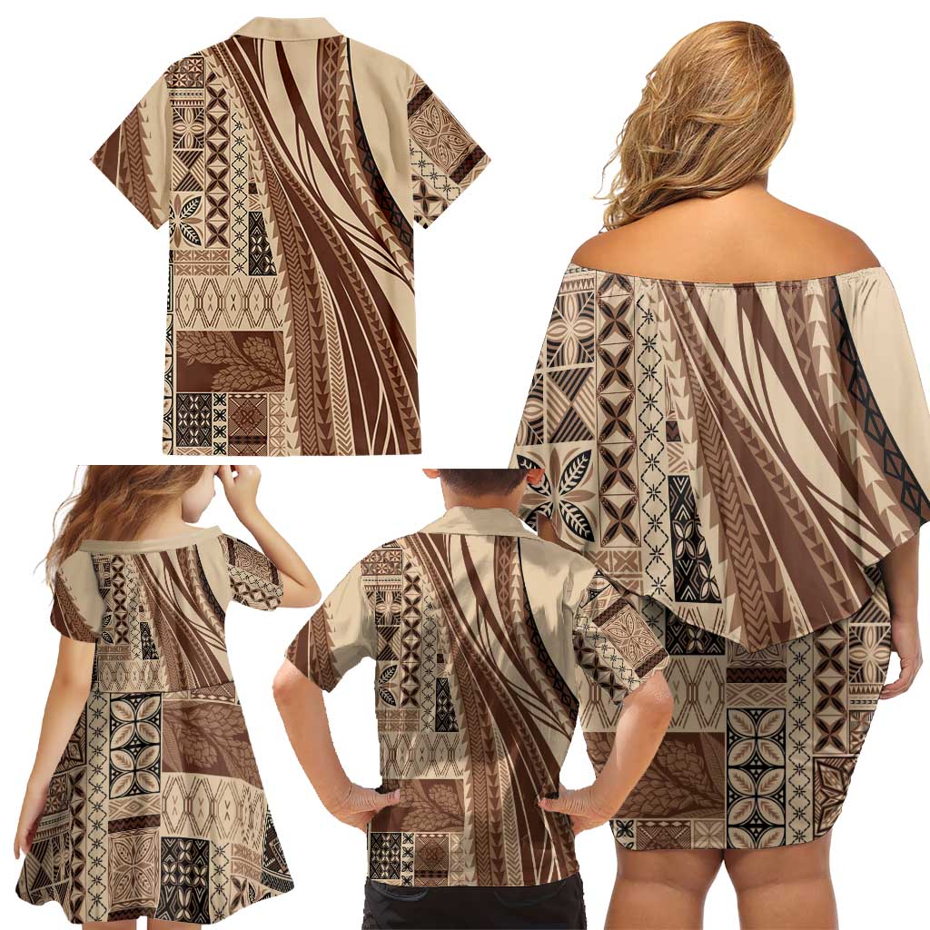 Pasifika Women's Day - Samoa Siapo Malu Tattoo Inspired Family Matching Off Shoulder Short Dress and Hawaiian Shirt Beige