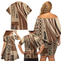 Pasifika Women's Day - Samoa Siapo Malu Tattoo Inspired Family Matching Off Shoulder Short Dress and Hawaiian Shirt Beige
