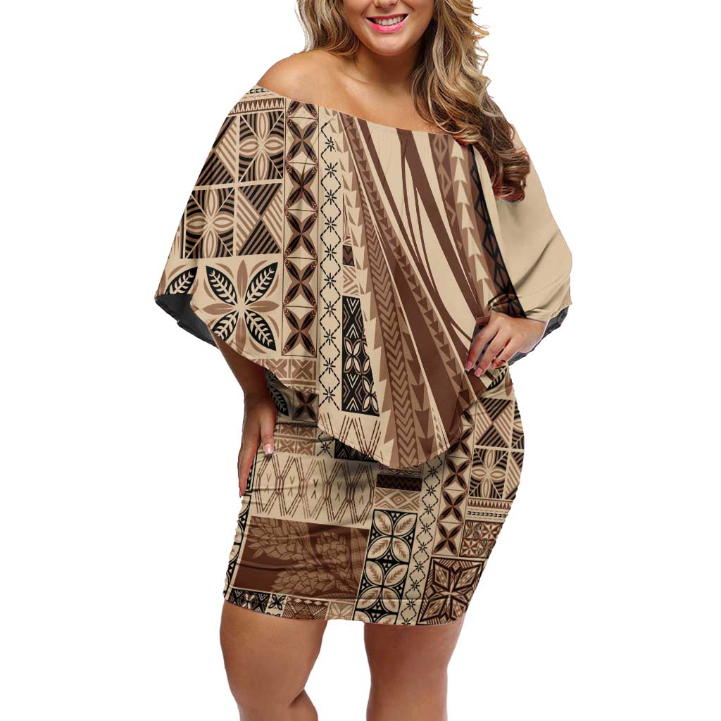 Pasifika Women's Day - Samoa Siapo Malu Tattoo Inspired Family Matching Off Shoulder Short Dress and Hawaiian Shirt Beige