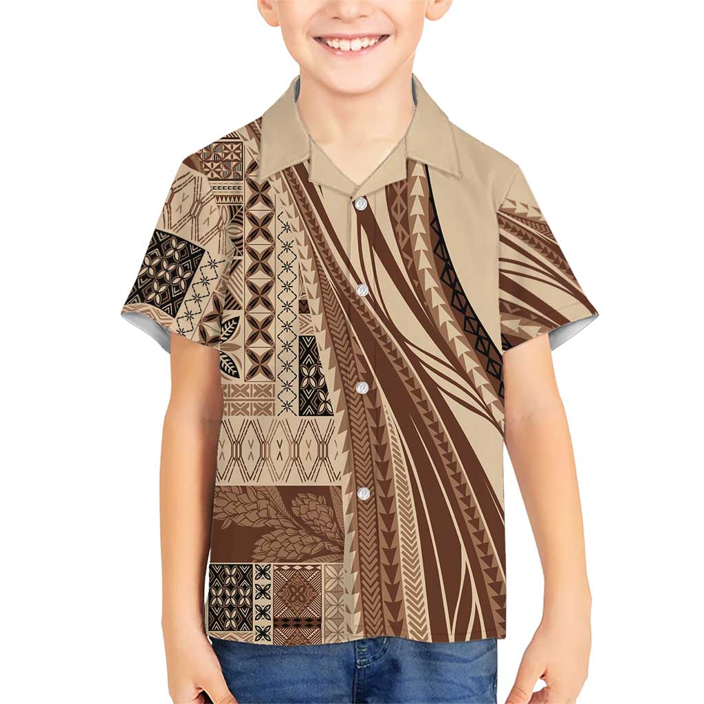 Pasifika Women's Day - Samoa Siapo Malu Tattoo Inspired Family Matching Off Shoulder Short Dress and Hawaiian Shirt Beige