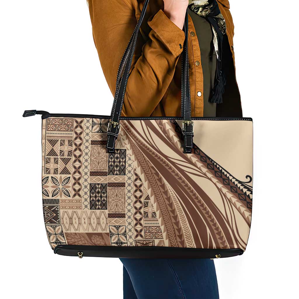 Pasifika Women's Day - Samoa Siapo Malu Tattoo Inspired Leather Tote Bag Beige