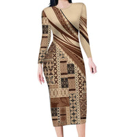 Pasifika Women's Day - Samoa Siapo Malu Tattoo Inspired Long Sleeve Bodycon Dress Beige LT7 Long Dress Beige - Polynesian Pride