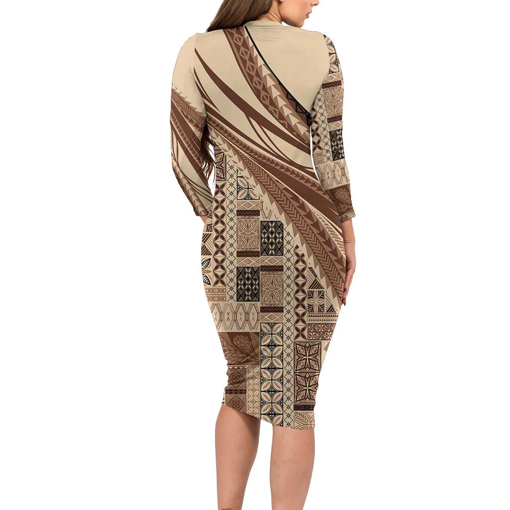 Pasifika Women's Day - Samoa Siapo Malu Tattoo Inspired Long Sleeve Bodycon Dress Beige LT7 - Polynesian Pride