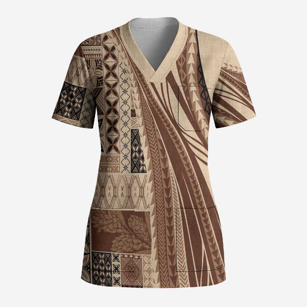 Pasifika Women's Day - Samoa Siapo Malu Tattoo Inspired Scrub Top Beige