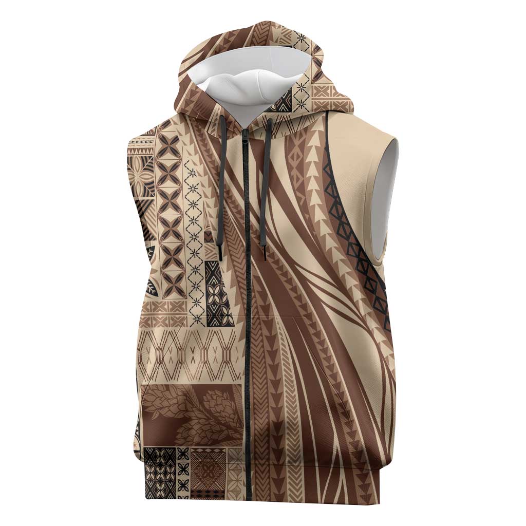 Pasifika Women's Day - Samoa Siapo Malu Tattoo Inspired Sleeveless Zip Hoodie Beige LT7 Beige - Polynesian Pride