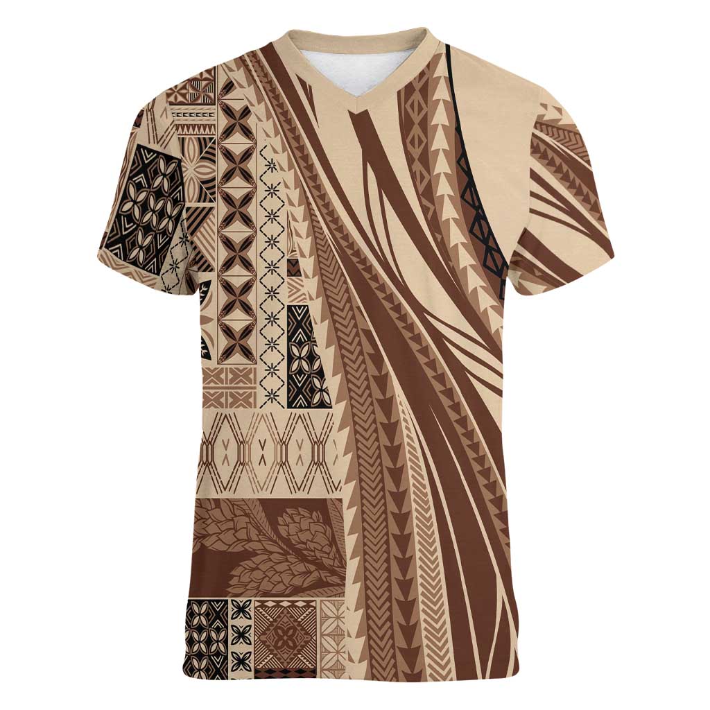 Pasifika Women's Day - Samoa Siapo Malu Tattoo Inspired Women V-Neck T-Shirt Beige