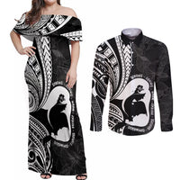 Mother's Day Couples Matching Off Shoulder Maxi Dress and Long Sleeve Button Shirt Polynesia Vintage Hibiscus - Black LT7 Black - Polynesian Pride