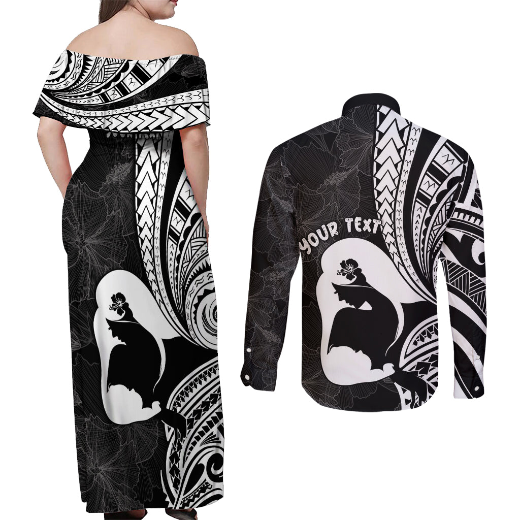 Mother's Day Couples Matching Off Shoulder Maxi Dress and Long Sleeve Button Shirt Polynesia Vintage Hibiscus - Black LT7 - Polynesian Pride