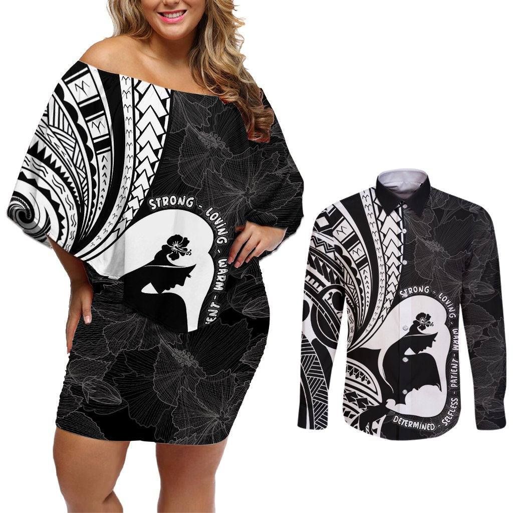 Mother's Day Couples Matching Off Shoulder Short Dress and Long Sleeve Button Shirt Polynesia Vintage Hibiscus - Black LT7 Black - Polynesian Pride