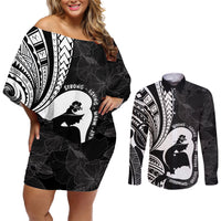 Mother's Day Couples Matching Off Shoulder Short Dress and Long Sleeve Button Shirt Polynesia Vintage Hibiscus - Black LT7 Black - Polynesian Pride