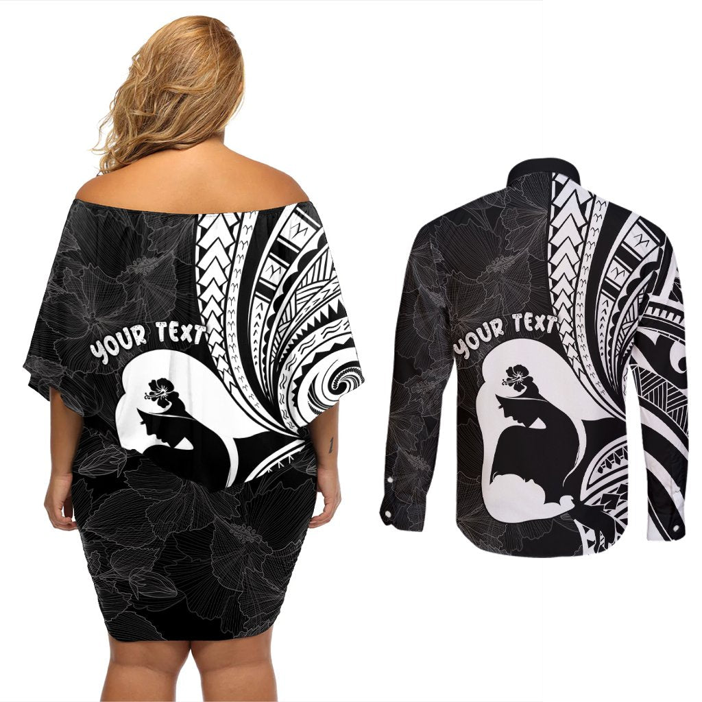 Mother's Day Couples Matching Off Shoulder Short Dress and Long Sleeve Button Shirt Polynesia Vintage Hibiscus - Black LT7 - Polynesian Pride