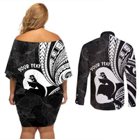 Mother's Day Couples Matching Off Shoulder Short Dress and Long Sleeve Button Shirt Polynesia Vintage Hibiscus - Black LT7 - Polynesian Pride