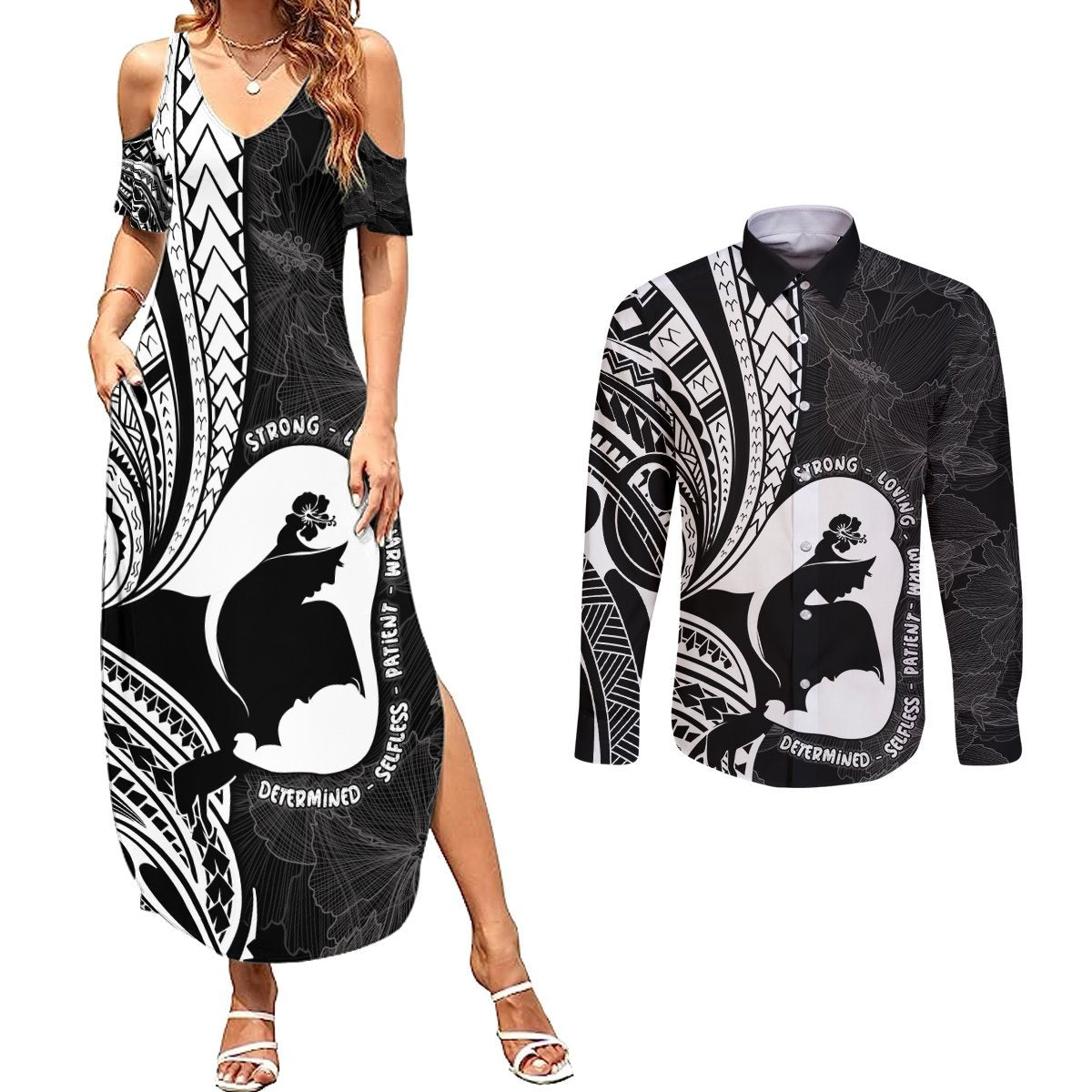 Mother's Day Couples Matching Summer Maxi Dress and Long Sleeve Button Shirt Polynesia Vintage Hibiscus - Black LT7 Black - Polynesian Pride