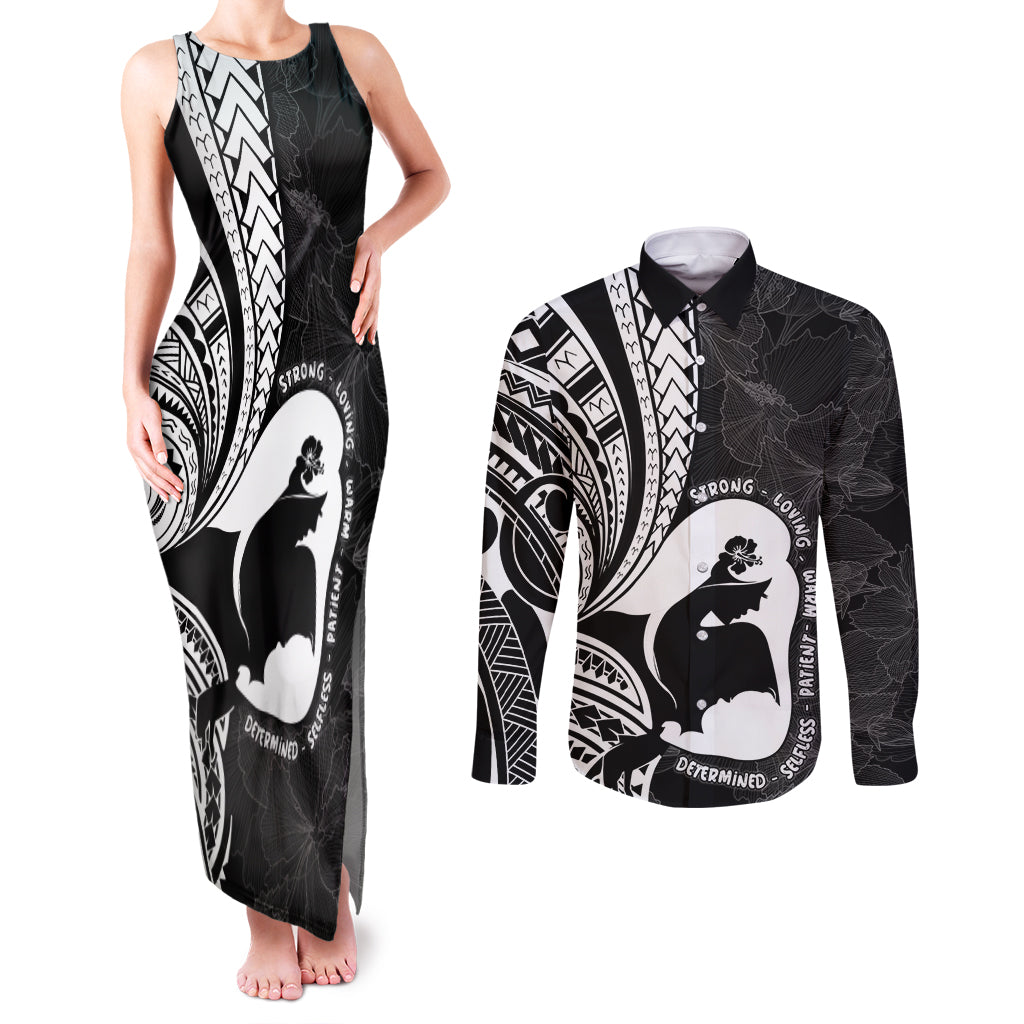 Mother's Day Couples Matching Tank Maxi Dress and Long Sleeve Button Shirt Polynesia Vintage Hibiscus - Black LT7 Black - Polynesian Pride