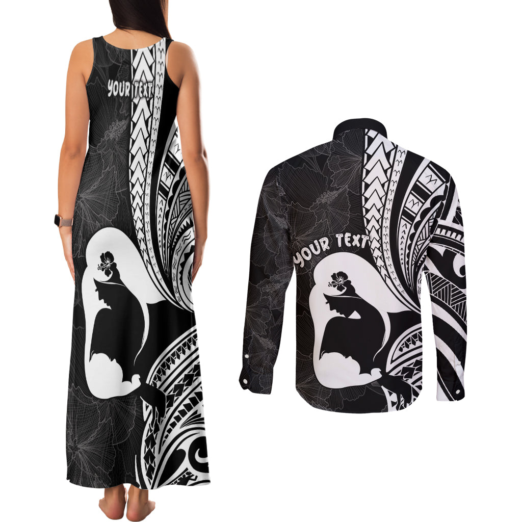 Mother's Day Couples Matching Tank Maxi Dress and Long Sleeve Button Shirt Polynesia Vintage Hibiscus - Black LT7 - Polynesian Pride