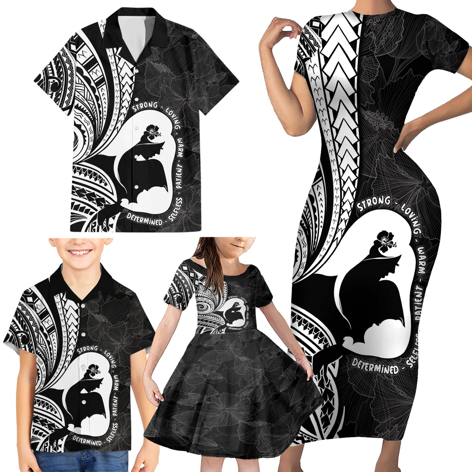 Mother's Day Family Matching Short Sleeve Bodycon Dress and Hawaiian Shirt Polynesia Vintage Hibiscus - Black LT7 - Polynesian Pride