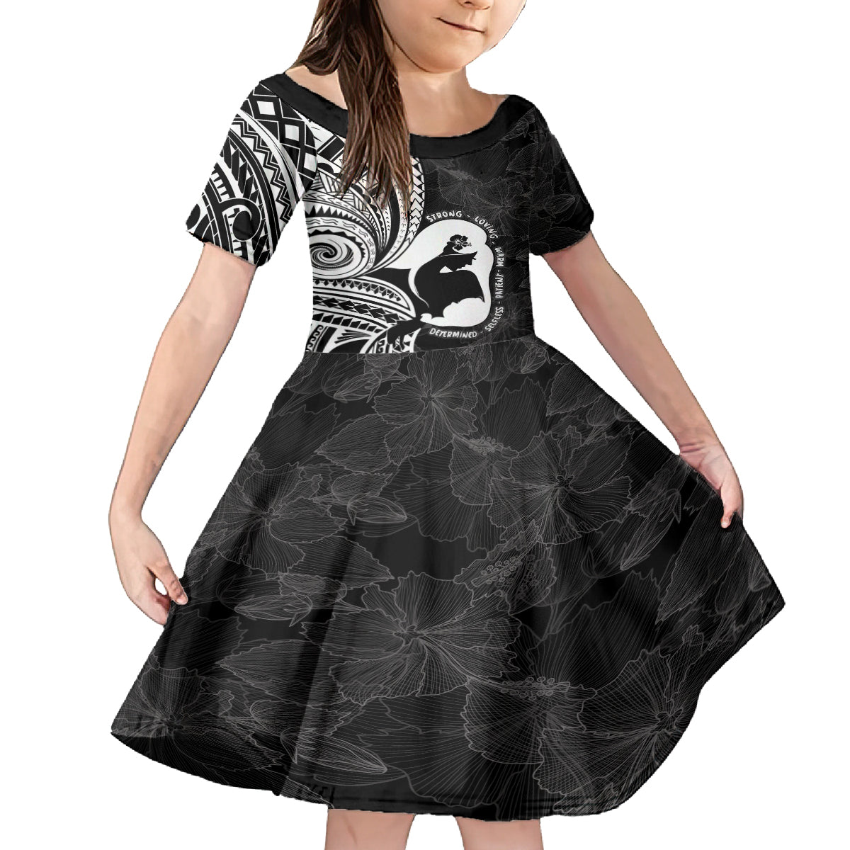 Mother's Day Kid Short Sleeve Dress Polynesia Vintage Hibiscus - Black