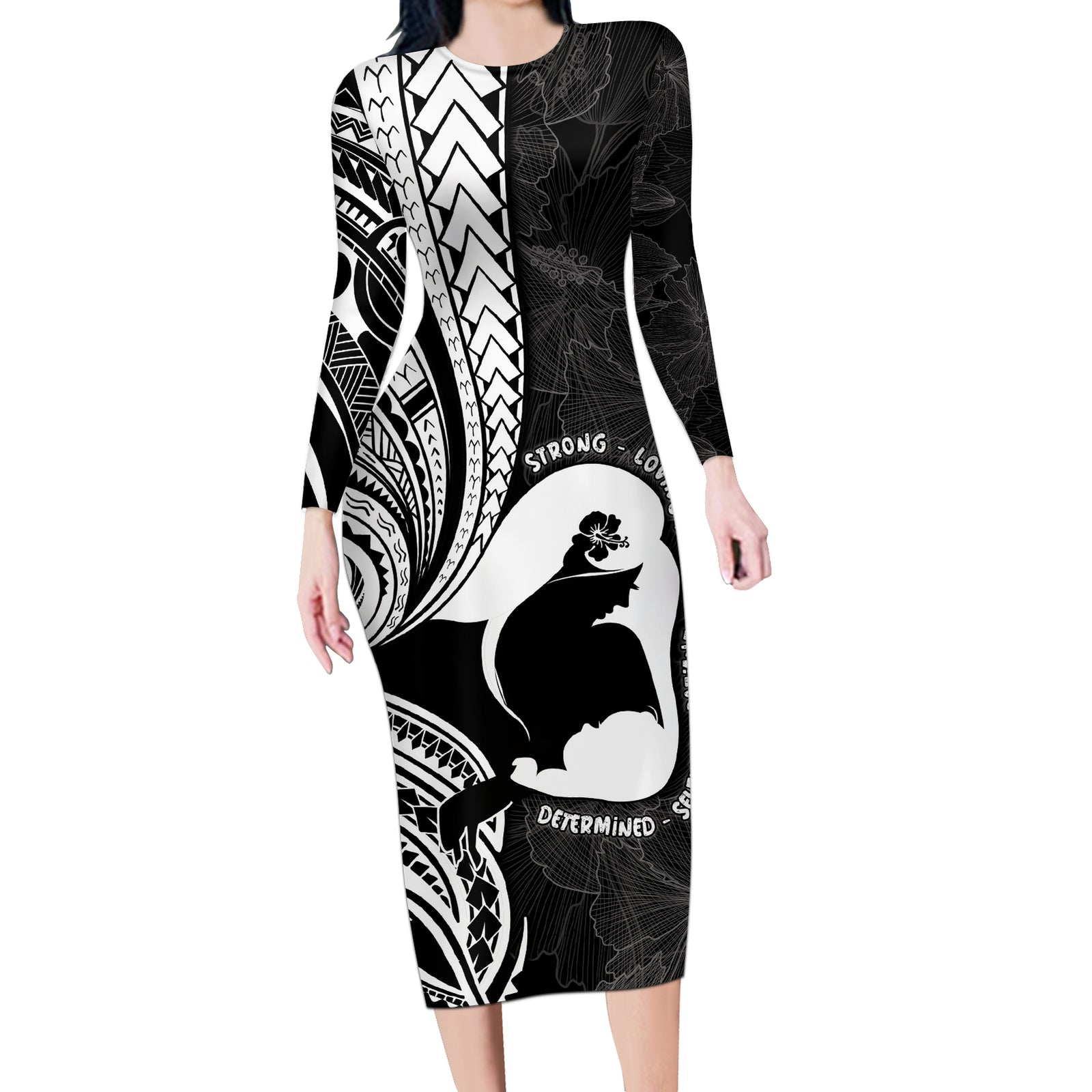 Mother's Day Long Sleeve Bodycon Dress Polynesia Vintage Hibiscus - Black LT7 Long Dress Black - Polynesian Pride