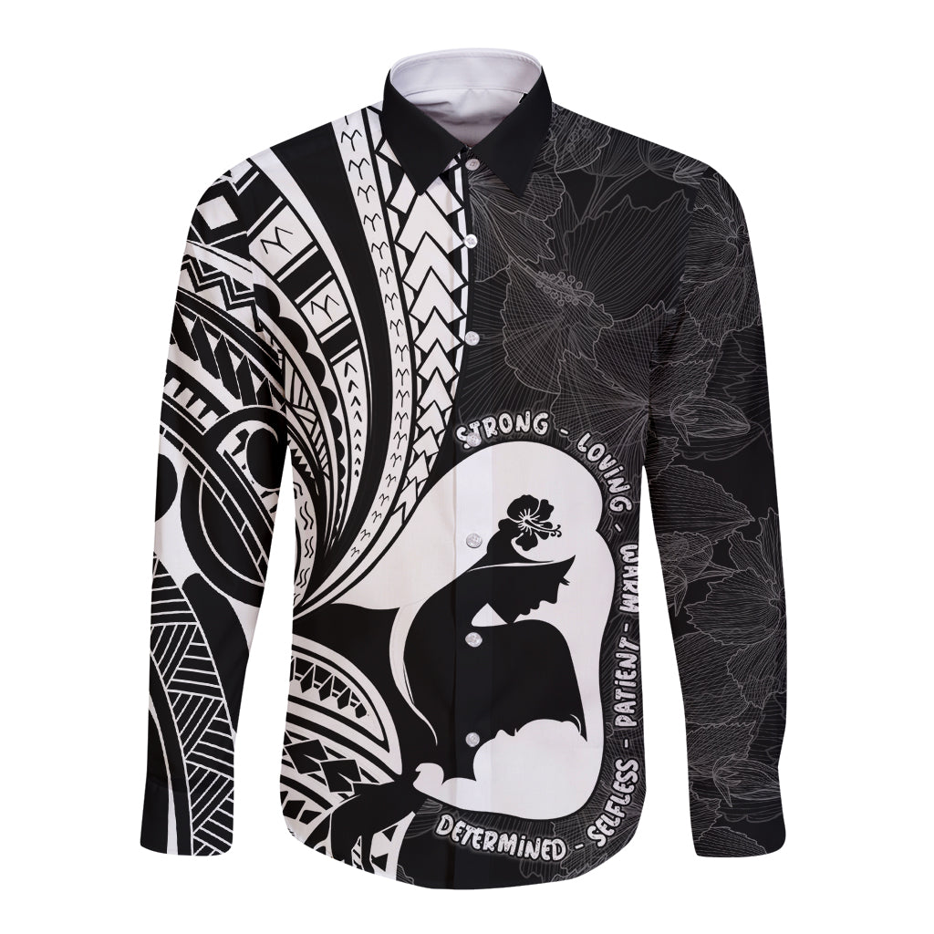 Mother's Day Long Sleeve Button Shirt Polynesia Vintage Hibiscus - Black LT7 Unisex Black - Polynesian Pride
