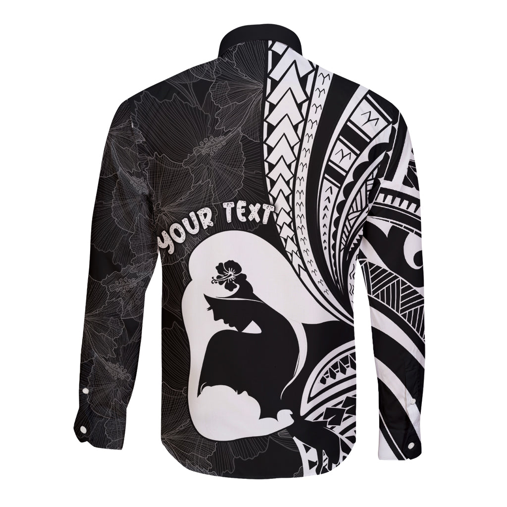 Mother's Day Long Sleeve Button Shirt Polynesia Vintage Hibiscus - Black