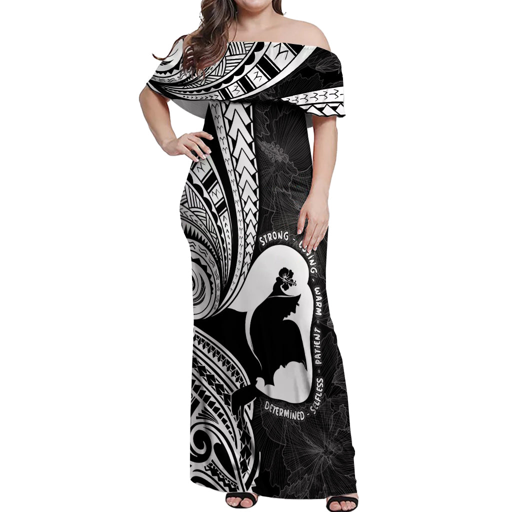 Mother's Day Off Shoulder Maxi Dress Polynesia Vintage Hibiscus - Black LT7 Women Black - Polynesian Pride