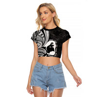 Mother's Day Raglan Cropped T Shirt Polynesia Vintage Hibiscus - Black