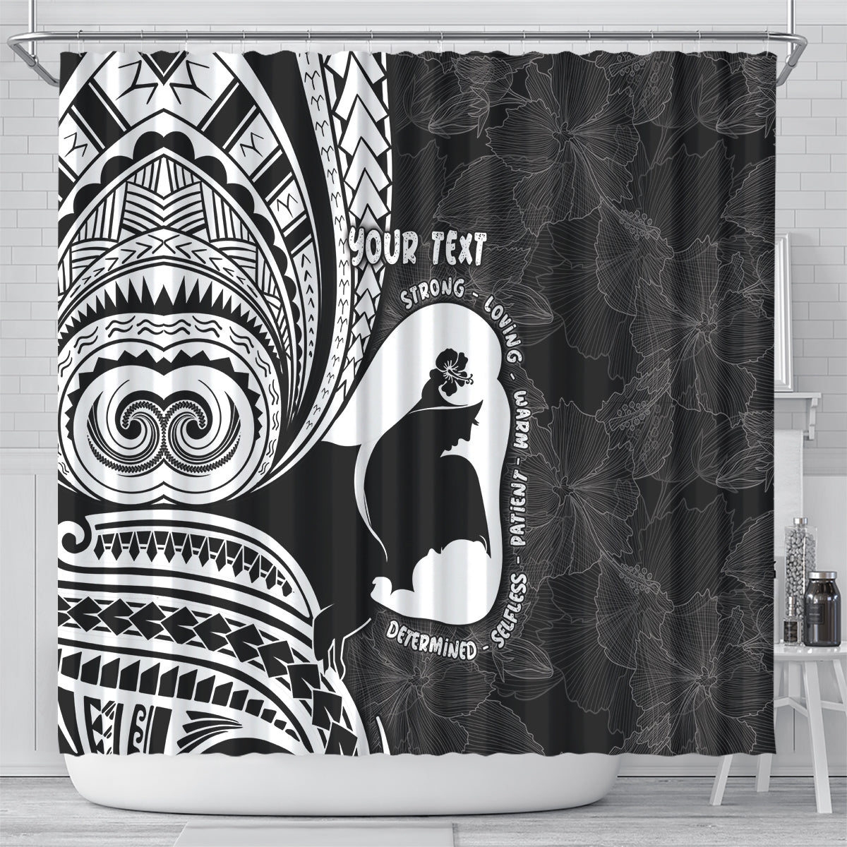 Mother's Day Shower Curtain Polynesia Vintage Hibiscus - Black