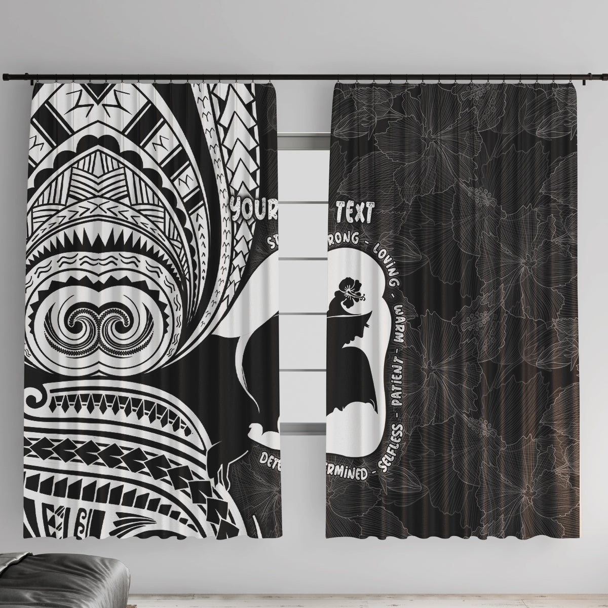 Mother's Day Window Curtain Polynesia Vintage Hibiscus - Black LT7 With Hooks Black - Polynesian Pride