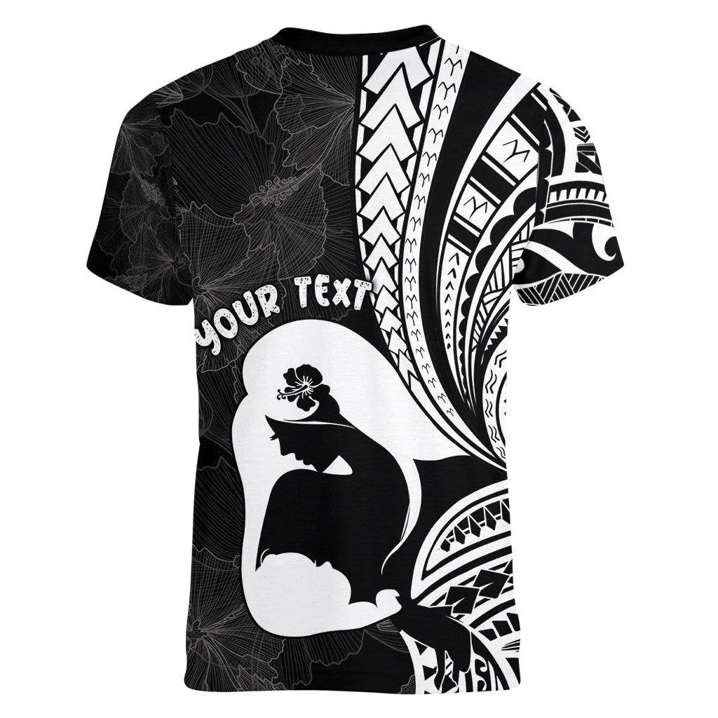 Mother's Day Women V Neck T Shirt Polynesia Vintage Hibiscus - Black