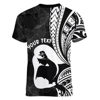 Mother's Day Women V Neck T Shirt Polynesia Vintage Hibiscus - Black