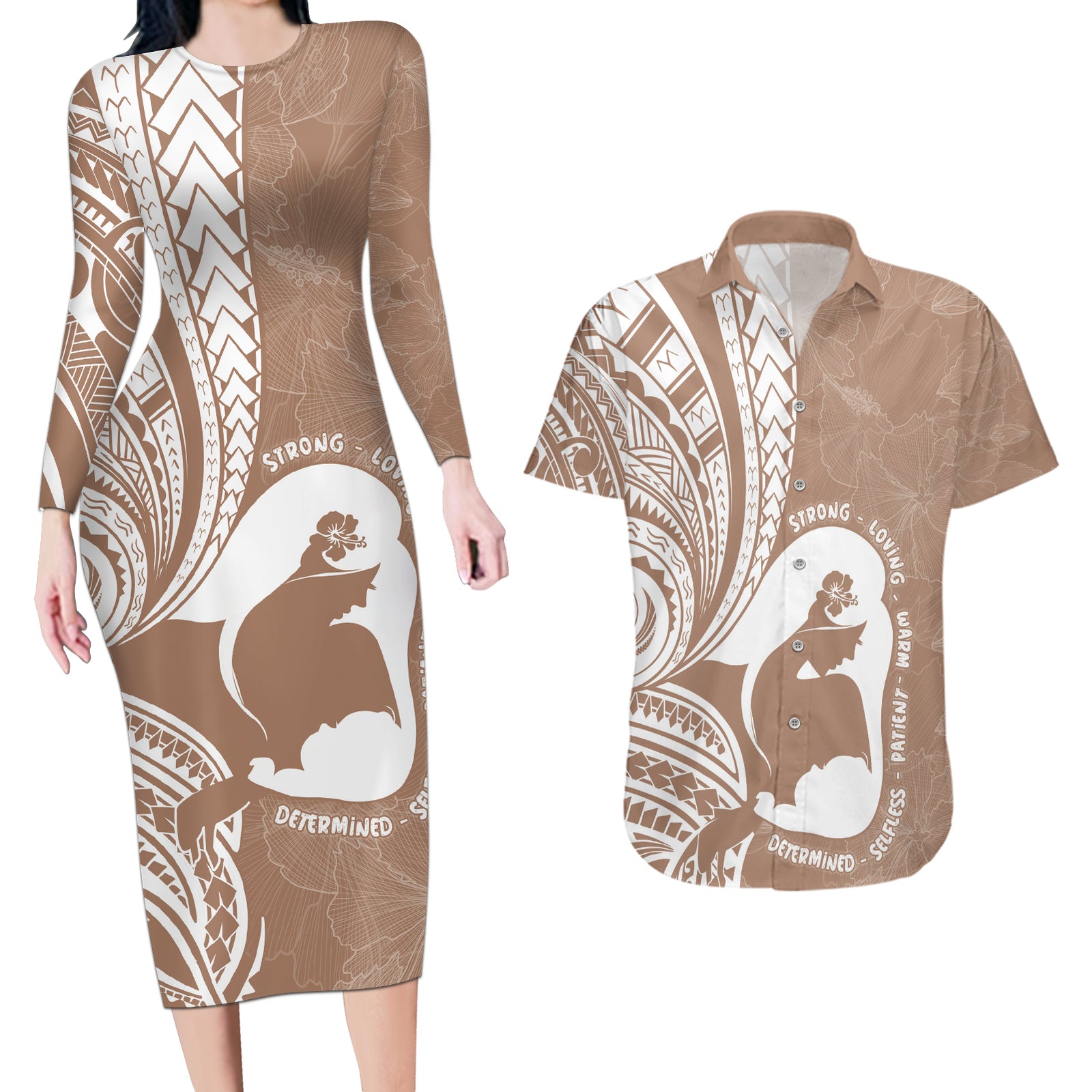 Mother's Day Couples Matching Long Sleeve Bodycon Dress and Hawaiian Shirt Polynesia Vintage Hibiscus - Brown LT7 Brown - Polynesian Pride