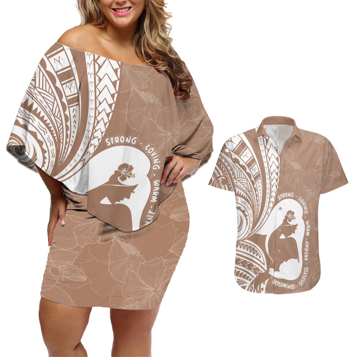 Mother's Day Couples Matching Off Shoulder Short Dress and Hawaiian Shirt Polynesia Vintage Hibiscus - Brown LT7 Brown - Polynesian Pride