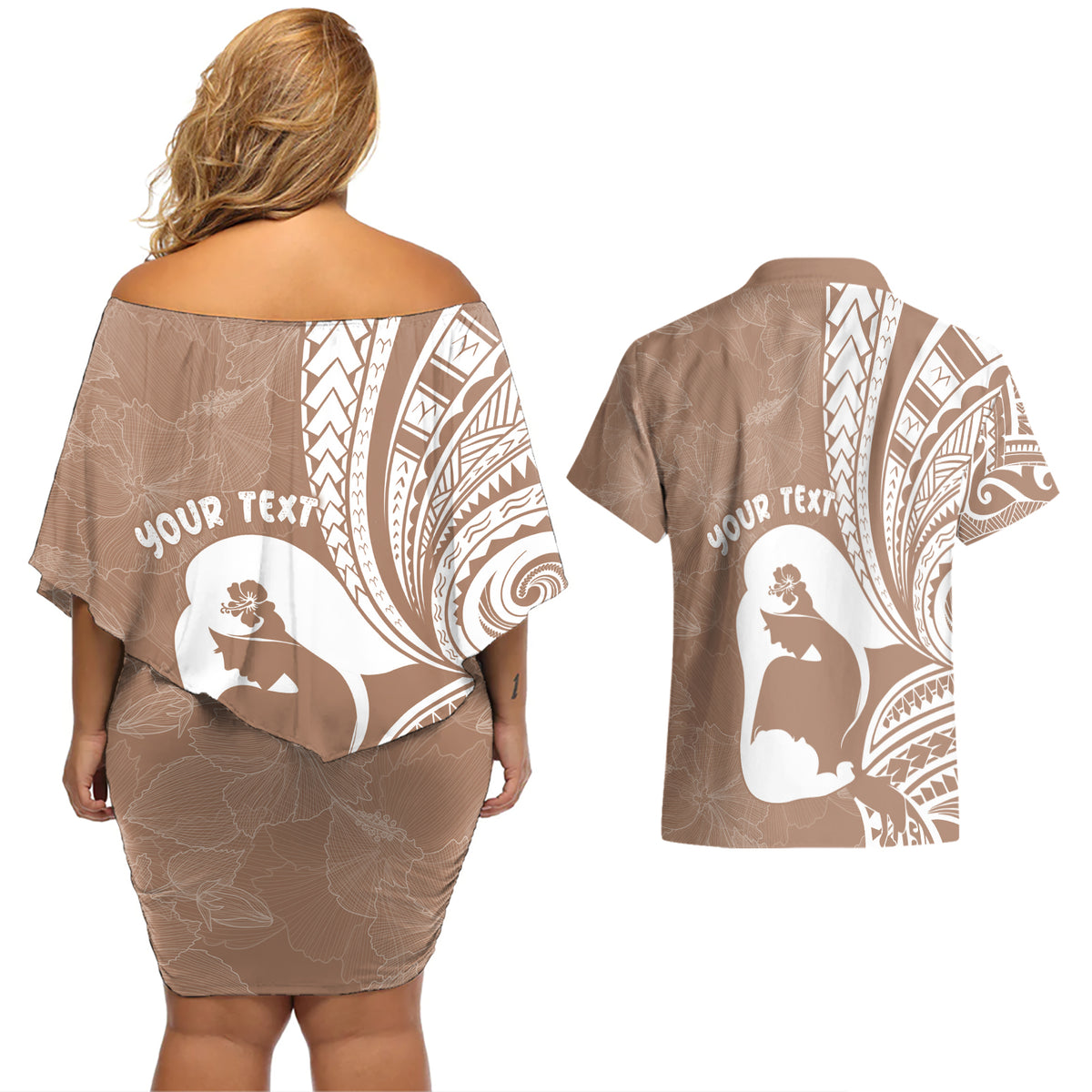 Mother's Day Couples Matching Off Shoulder Short Dress and Hawaiian Shirt Polynesia Vintage Hibiscus - Brown