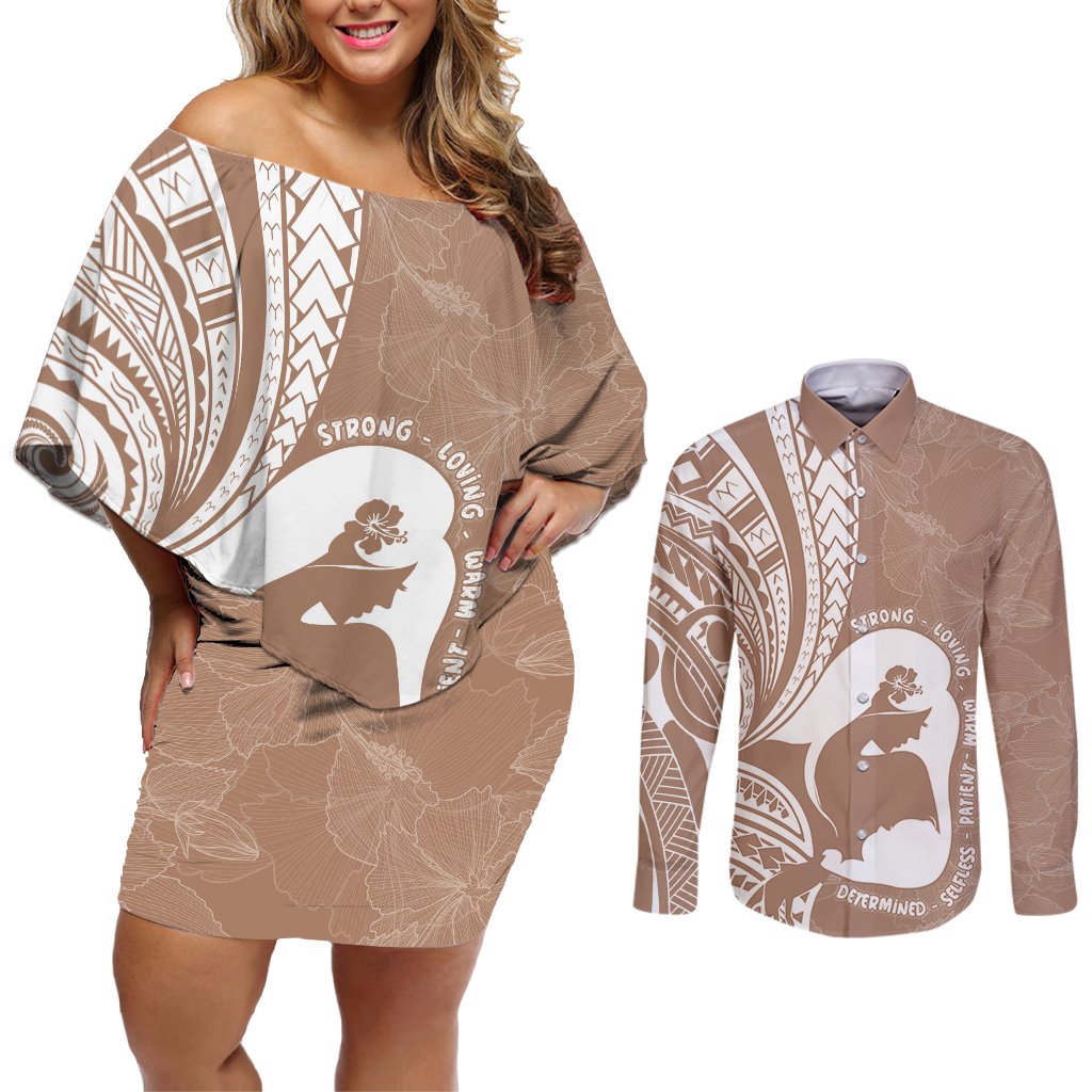 Mother's Day Couples Matching Off Shoulder Short Dress and Long Sleeve Button Shirt Polynesia Vintage Hibiscus - Brown LT7 Brown - Polynesian Pride