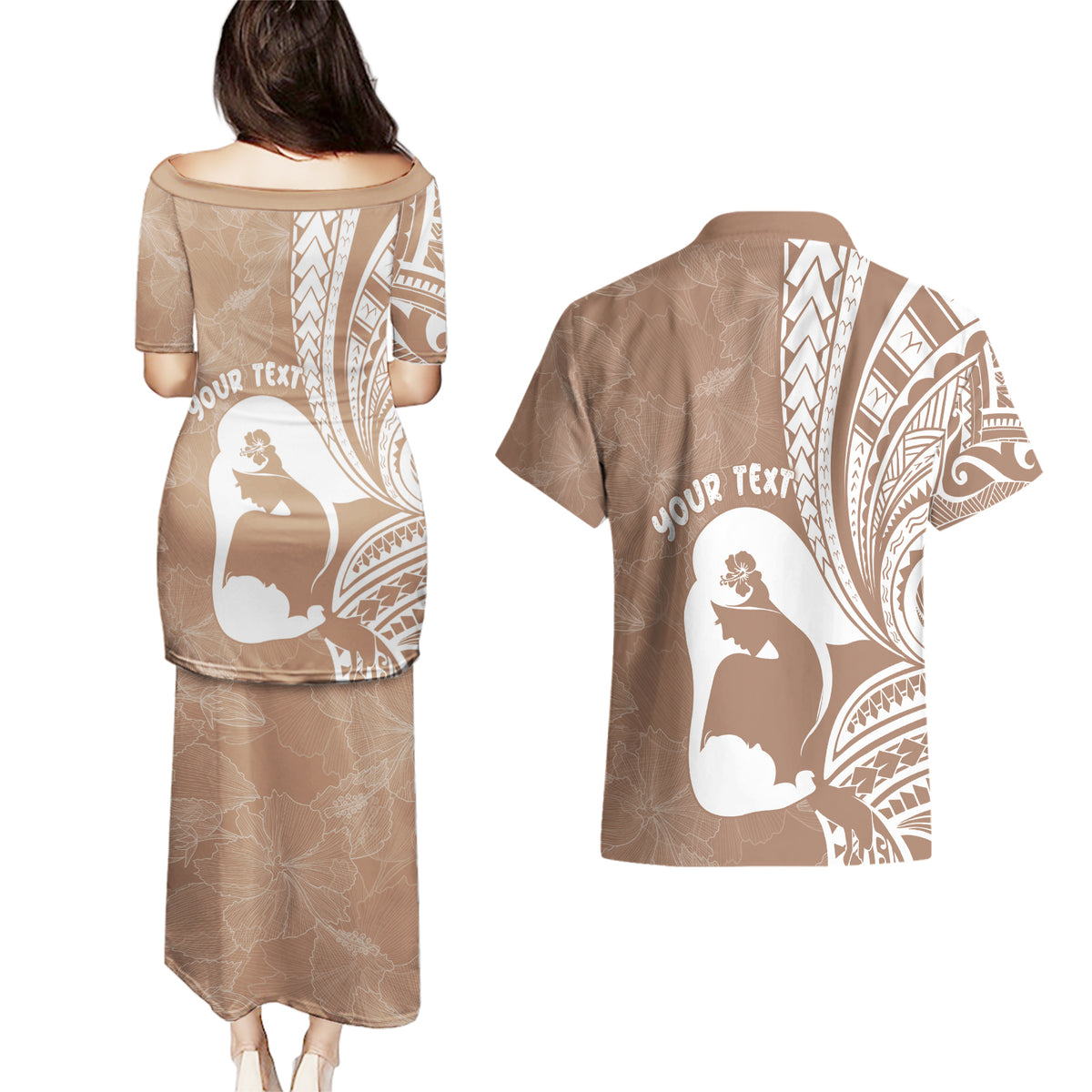 Mother's Day Couples Matching Puletasi and Hawaiian Shirt Polynesia Vintage Hibiscus - Brown