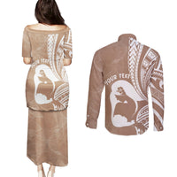 Mother's Day Couples Matching Puletasi and Long Sleeve Button Shirt Polynesia Vintage Hibiscus - Brown LT7 - Polynesian Pride