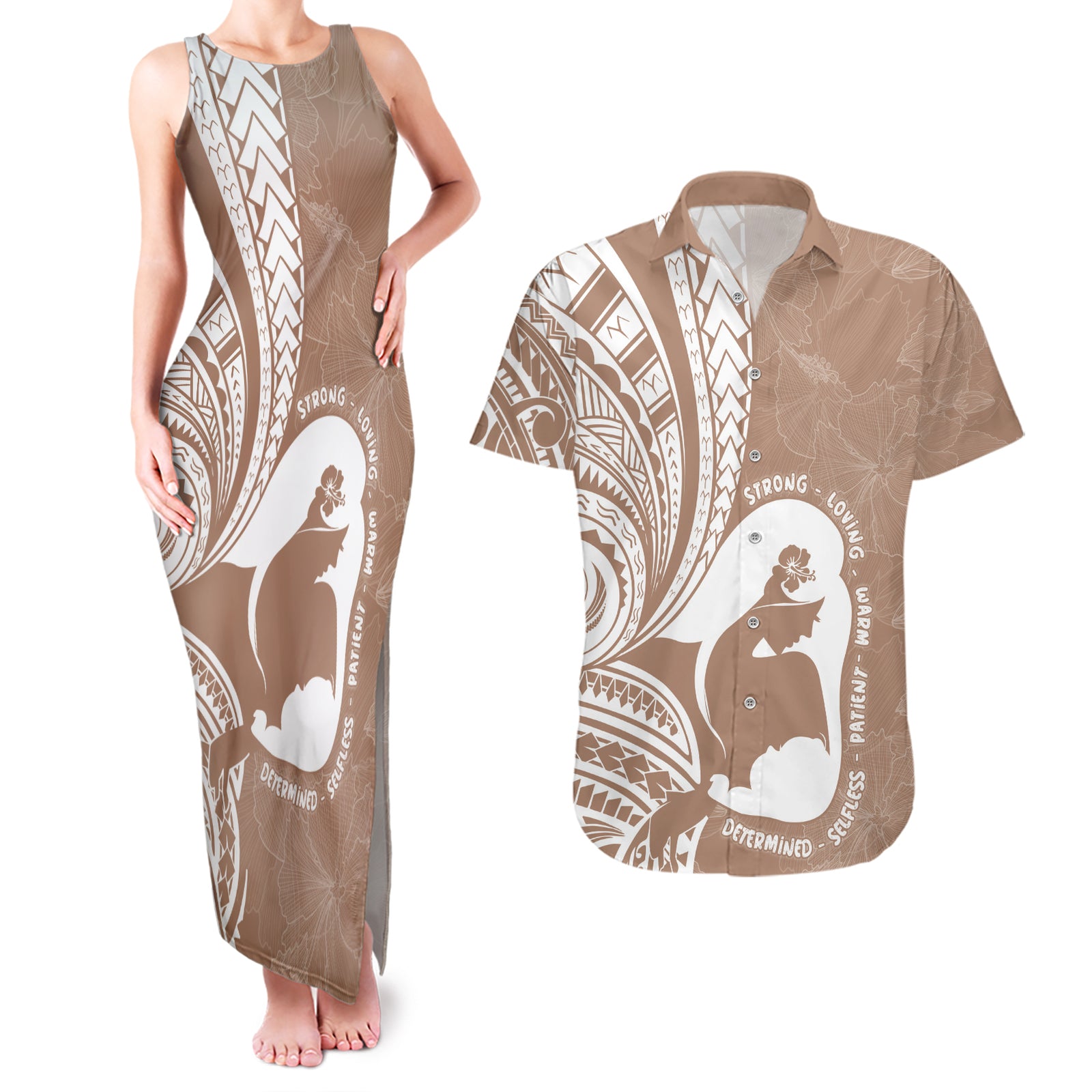 Mother's Day Couples Matching Tank Maxi Dress and Hawaiian Shirt Polynesia Vintage Hibiscus - Brown LT7 Brown - Polynesian Pride