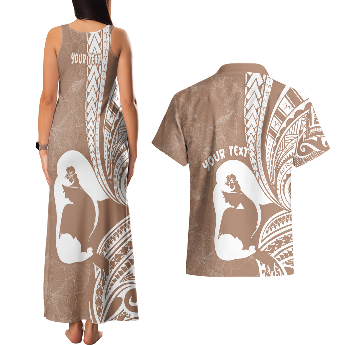 Mother's Day Couples Matching Tank Maxi Dress and Hawaiian Shirt Polynesia Vintage Hibiscus - Brown